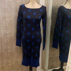 Aria Lombardini Elegant Blue Star Pattern sweater Dress, S